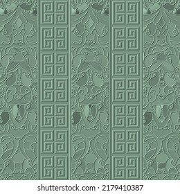 Emboss greek 3d seamless pattern. Embossed relief green background. Greek key meanders surface borders ornament. Repeat textured backdrop. Embossing endless texture. Floral patterns. Paisley flowers.
