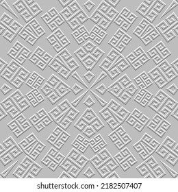 Emboss greek 3d seamless pattern. Embossed relief white background. Greek key meanders surface geometric ornament. Abstract repeat textured backdrop. Embossing endless texture. Modern ornate design.