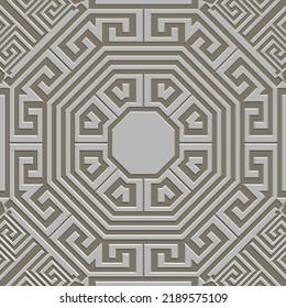 Emboss greek 3d seamless pattern. Embossed relief mandalas background. Greek key meanders surface geometric ornament. Abstract repeat textured backdrop. Embossing endless texture. Modern ornate design
