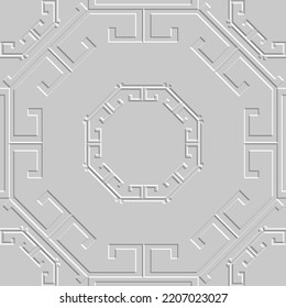 Emboss greek 3d seamless pattern. Embossed relief white background. Greek key meanders surface geometric ornament. Abstract repeat textured backdrop. Embossing endless 3d texture. Modern ornate design