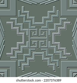 Patrón irreprochable de 3d gris. Fondo verde relieve. Los meandros de las teclas griegas superponen el ornamento geométrico. Resumen repetir fondo texturizado. Embosando textura interminable. Diseño moderno y ornamentado.