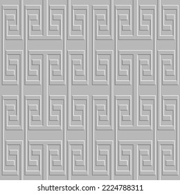 Emboss greek 3d seamless pattern. Embossed relief white background. Greek key meanders surface geometric ornament. Abstract repeat textured backdrop. Embossing endless texture. Modern borders design.