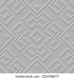 Emboss greek 3d seamless pattern. Embossed relief white background. Greek key meanders surface geometric ornament. Abstract repeat textured backdrop. Embossing endless texture. Modern borders design.