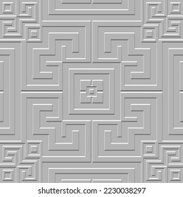 Einfühlige griechische 3D-Muster. Eingebetener, weißer Hintergrund. Griechischer Schlüssel bedeutet oberirdische geometrische Ornamente. Abstrakte Wiederholung strukturierter Hintergrund. Einfache Textur. Modernes Ornament.