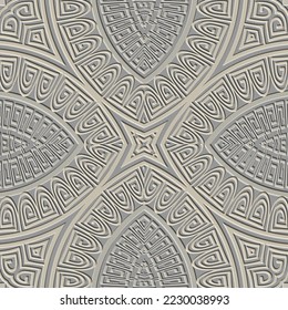 Emboss greek 3d seamless pattern. Embossed relief floral background. Greek key meanders surface lace style ornament. Abstract repeat textured backdrop. Embossing endless texture. Modern ornate design.