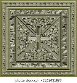 Emboss greek 3d seamless pattern with square frame. Embossed relief background. Greek key meanders surface geometric ornament. Abstract repeat textured backdrop. Embossing endless ornate texture.