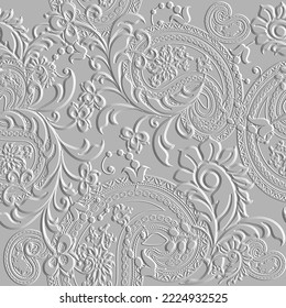 Emboss Paisley floral 3d seamless pattern. Embossed white background. Vintage textured flowers, leaves. Repeat surface vector backdrop. Floral relief 3d ornament. Endless texture with embossing effect