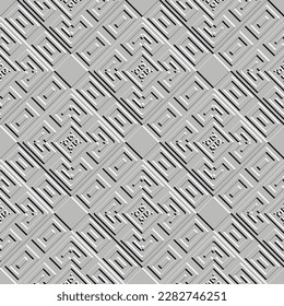 Emboss rhombus greek 3d seamless pattern. Embossed relief white background. Greek key meanders surface geometric ornament. Abstract repeat textured backdrop. Embossing endless texture. Modern design.