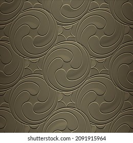 Emboss spiral sircles 3d seamless pattern. Embossed surface background. Repeat abstract relief ornament. Textured ornate golden backdrop.  Embossing grunge texture. Geometric modern decorative design.