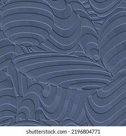 Emboss spiral and striped circles 3d seamless pattern. Embossed ornaments.Modern geometric futuristic 3d background. Surface repeat vector backdrop. Striped abstract shapes. Relief endless texture.