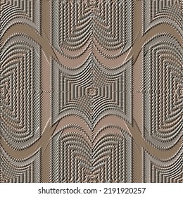 Emboss surface waves 3d seamless pattern. Grunge ornamental textured background. Vector repeat relief backdrop. Wavy and zigzag lines abstract modern ornaments. Embossed endless ornate texture.