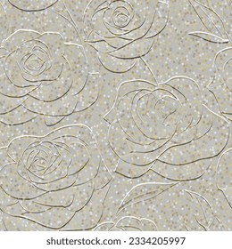 Emboss textured 3d lines roses seamless pattern. Floral embossed vector background with golden glitters, polka dots. Surface line art blossom roses flowers ornaments. Relief repeat grunge backdrop.