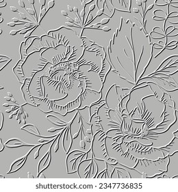 Emboss textured 3d lines roses seamless pattern. Floral embossed light vector background. Surface line art blossom roses flowers ornaments. Relief repeat grunge plants backdrop. Endless texture.