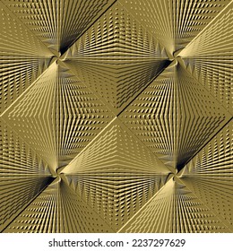 Emboss textured 3d seamless pattern. Embossed geometric ornaments. Surface ornamental vector background. Repeat abstract backdrop. Dotted lines, grunge shapes, rhombus. Relief endless 3d gold texture.