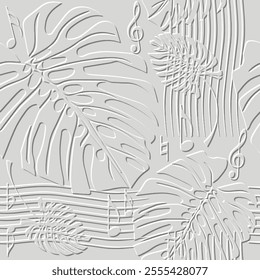 Emboss textured 3d seamless tropical pattern with stripes, waves, musical notes, treble clef, monstera leaves. Modern abstract embossed white background. Relief leafy music ornaments. Endless texture.