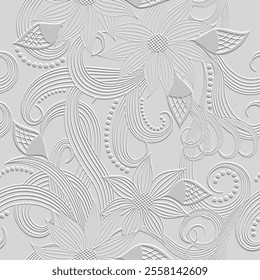 Emboss textured floral striped line art hand drawn 3d white seamless pattern. Embossed abstract flowers, swirl lines drawing modern relief background. Beautiful ornament. Endless surface 3d texture.