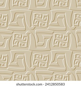Emboss textured greek 3d seamless pattern. Embossed relief light background. Greek key meanders surface geometric ornament. Abstract repeat  backdrop. Embossing endless texture. Modern ornate design.