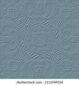 Emboss textured seamless pattern. Vector embossed 3d background. Repeat geometric  backdrop. Surface relief greek ornaments. Vintage flowers. Greek key meanders. Modern design with embossing effects.