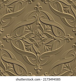 Emboss vintage 3d vector seamless pattern. Baroque Damask ornamental gold relief background. Luxury hand drawn textured flowers ornaments. Beautiful ornate embossed design. Grunge embossing texture.