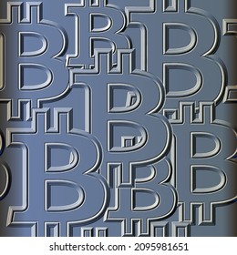 Embossed 3d Bitcoin symbols seamless pattern. Vector surface bit coins cryptocurrency background. Emboss repeat bit-coin backdrop. Monetary textured crypto currency 3d ornaments. Virtual coin symbols.