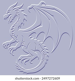 Embossed 3d chinese dragon silhouette pattern. Vector textured emboss dragon with wings, tail, claws, relief scales. Lilac color surface beautiful background. Grunge embossing 3d relief texture.