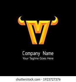 Embossed And 3D Effect Gold Color Of Vector Logo Template Of Letter M In The Head Of Bull Shape.