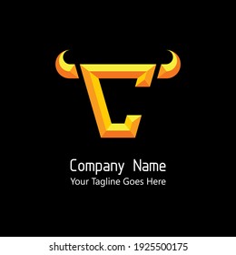 Embossed and 3D effect gold color of vector logo template of letter C in the head of bull shape.
