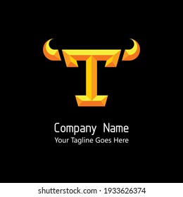 Embossed And 3D Effect With Gold Color Of Letter T In The Bull Head Shape For Initial Logo.