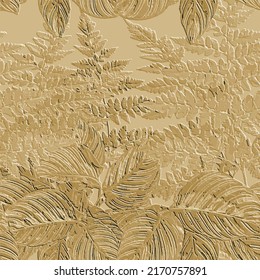 Embossed 3d fern leaves autumn seamless pattern. Textured floral background in autumn colors. Repeat emboss vector backdrop. Relief leafy ornament with surface fern branches, leaves. Grunge texture.