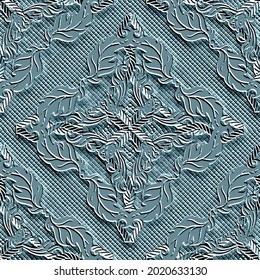 Embossed 3d floral seamless pattern. Leafy emboss grid textured background. Damask grunge repeat backdrop. Surface relief Baroque style 3d ornament with embossing effect. Vintage flowers, leaves.