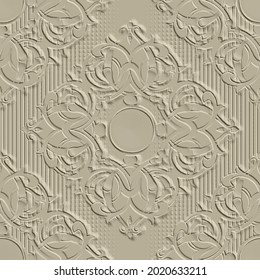 Embossed 3d floral seamless pattern. Arabesque emboss textured background. Damask grunge repeat backdrop. Surface relief Baroque style ornaments with embossing effect. Vintage flowers, lines, shapes.