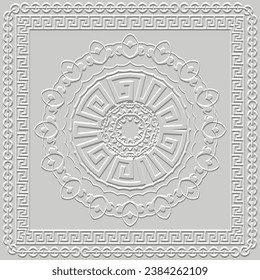 Embossed 3d greek frame, chains, round mandala seamless pattern. Emboss textured background. Surface grunge relief 3d ornaments with embossing effect. Greek meanders, square frames, borders, circles.