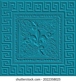 Embossed 3d seamless pattern. Floral emboss background. Square frame. Textured backdrop. Surface grunge relief 3d ornament with embossing effect. Greek key meanders, vintage Baroque style flowers.