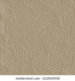 Patrón 3d sin costuras. El estilo griego es moderno con texturas en tonos beige. Fondo de relieve de relieve de superficie repetida. Llave griega, serpenteantes. Ornamentos marcados. Textura de emboscada geométrica abstracta.