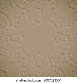 Embossed 3d seamless pattern. Old paper or stone style textured background. Vector repeat grunge backdrop. Greek egyptian tribal ethnic style ancient ornaments. Frame. Place for text. Endless texture.