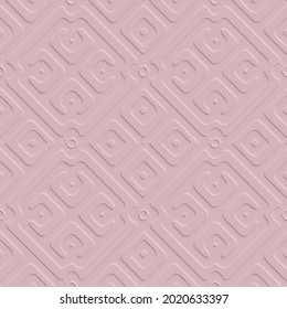 Embossed 3d vector seamless pattern. Geometric emboss background. Textured repeat light pink backdrop. Surface modern relief 3d ornaments with embossing effect. Beautiful ornamental endless texture.