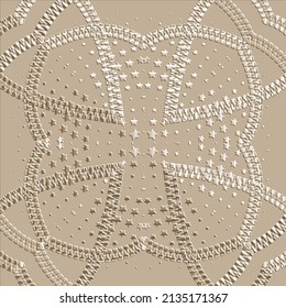 Embossed 3d zippers seamless pattern. Textured grunge beige vector background. Repeat relief backdrop. Modern surface light ornaments with zip, stars, abstract flowers. Embossing endless texture.