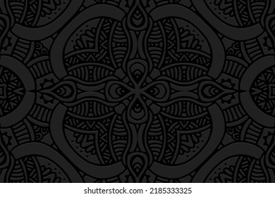 Embossed abstract black background, cover ethnic design. Geometric vintage 3D pattern, arabesque, doodling texture. Tribal exotic ornaments of East, Asia, India, Mexico, Aztecs, Peru.