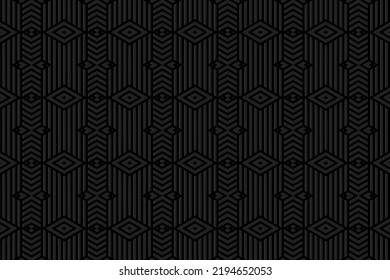 Embossed abstract black background, cover ethnic design. 3D pattern of geometric shapes, lines, stripes. Art deco style. Folk traditional ornaments of the East, Asia, India, Mexico, Aztecs, Peru.