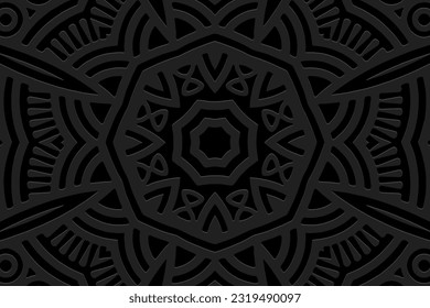 Embossed abstract black background, cover ethnic design. Geometric 3D pattern, press paper, leather. Boho, handmade. Tribal color, heritage of the peoples of the East, Asia, India, Mexico, Aztec, Peru
