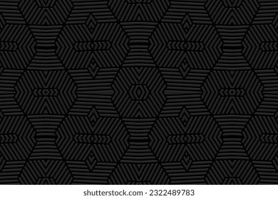 El fondo negro abstracto con relieve cubre el diseño étnico. Patrón geométrico 3D de líneas, rayas y contornos, papel de prensa, cuero. Sabor tribal de Oriente, Asia, India, México, Azteca, Perú.
