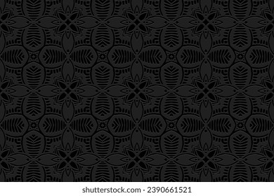 Eingeschrieben abstrakter schwarzer Hintergrund, Cover-Design. Ornamentaler Boho-Stil, handgefertigt. Geometrisches, elegantes 3D-Muster. Arabesques aus Ost, Asien, Indien, Mexiko, Aztec, Peru.