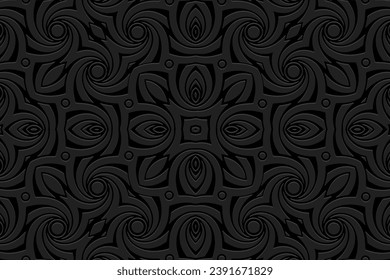 Fondo negro abstracto con relieve, diseño de cubierta vintage. Estilo boho, ornamental hecho a mano. Patrón geométrico étnico 3D. Arabescos de Oriente, Asia, India, México, Azteca, Perú.