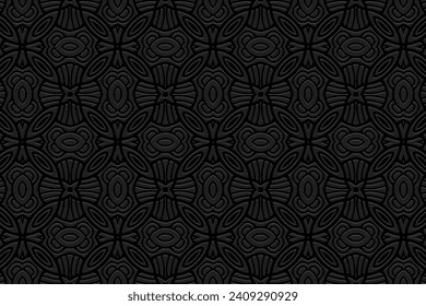 Embossed abstract black background, vintage cover design. Handmade, arabesque, ornamental texture. Geometric ethnic 3D pattern. Tribal traditions of the East, Asia, India, Mexico, Aztec, Peru.
