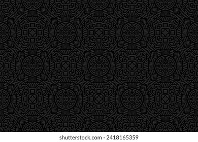 Embossed abstract black background, vintage cover design. Handmade, boho, doodle, zentagle. Geometric ethnic 3D pattern. Ornaments, arabesques. Exotic of the East, Asia, India, Mexico, Aztec, Peru.