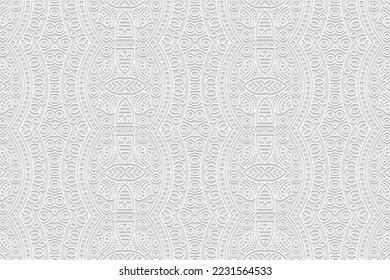 Embossed abstract white background, ethnic cover design. Press paper, handmade, doodle and zentangle technique. Tribal geometric 3d pattern. Fashionable themes of the East, Asia, India, Mexico, Aztecs