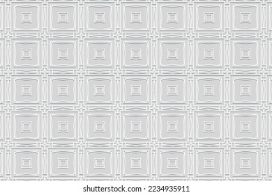 Embossed abstract white background, ethnic cover design. Press paper, doodle and zentangle technique. Geometric 3d pattern. Creative tribal themes of East, Asia, India, Mexico, Aztecs, Peru.