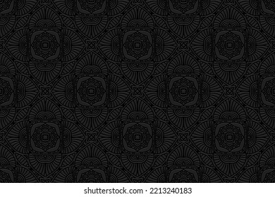 Embossed artistic black background, ethnic cover design. Geometric 3D pattern, press paper, boho style with handmade elements. Tribal ornaments of the East, Asia, India, Mexico, Aztecs, Peru.