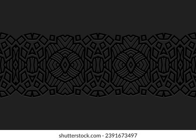 Embossed artistic black background, vintage cover design. Boho style, ornamental handmade. Geometric ethnic 3D pattern. Arabesques of the East, Asia, India, Mexico, Aztec, Peru. Place for text.