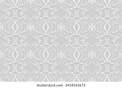 Embossed artistic white background, vintage cover design. Handmade, boho, doodle, zentagle. Geometric ethnic 3D pattern. Ornaments, arabesques. Exotic of the East, Asia, India, Mexico, Aztec, Peru.